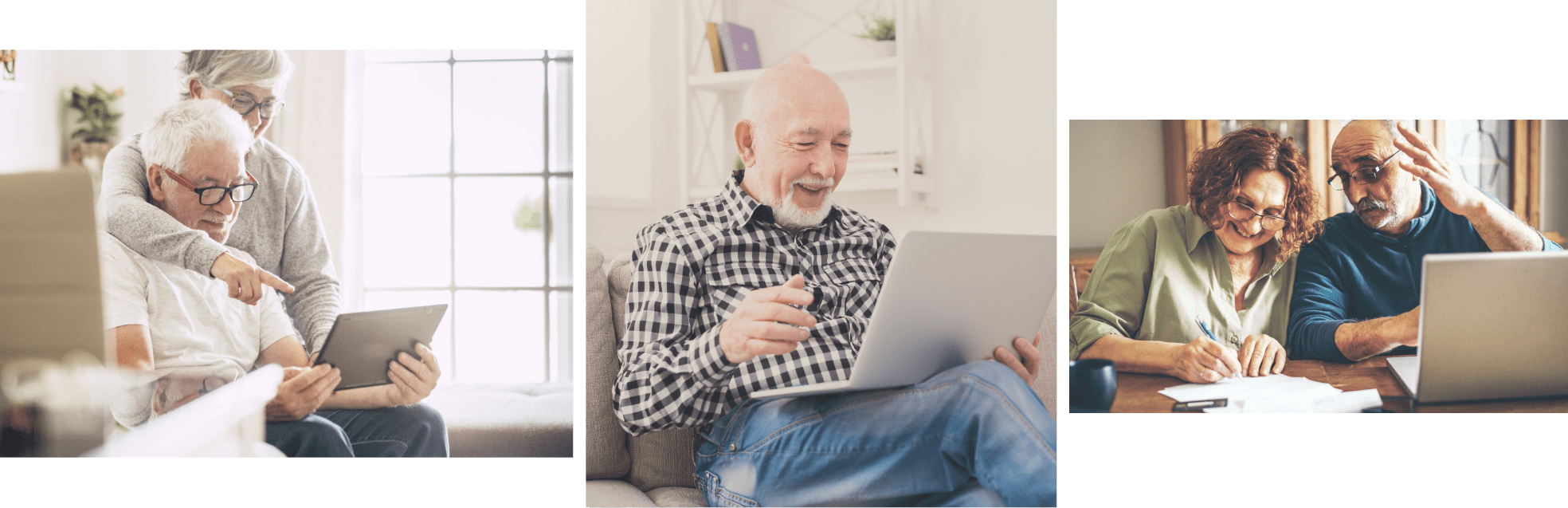 Bilder von Rentnerinnen und Rentnern beim Ausfüllen ihrer digitalen Steuererklärung.